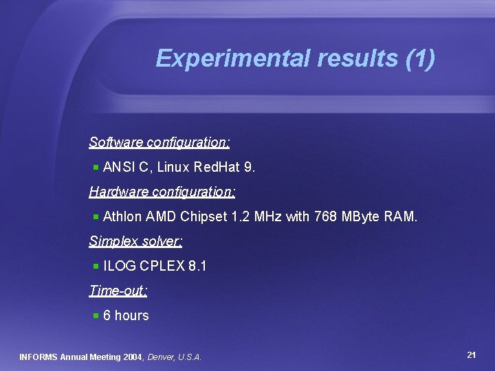 Experimental results (1) Software configuration: ANSI C, Linux Red. Hat 9. Hardware configuration: Athlon