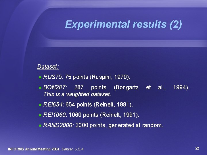 Experimental results (2) Dataset: RUS 75: 75 points (Ruspini, 1970). BON 287: 287 points