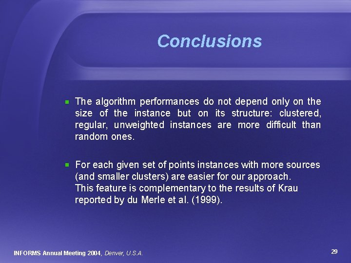 Conclusions The algorithm performances do not depend only on the size of the instance