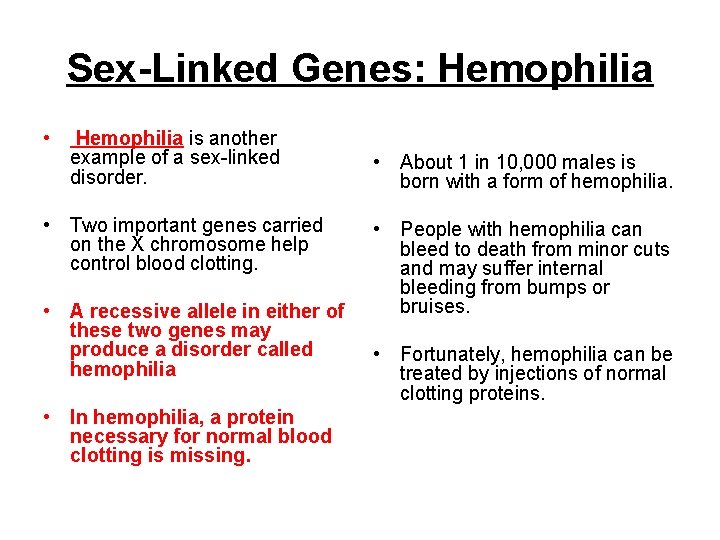 Sex-Linked Genes: Hemophilia • Hemophilia is another example of a sex-linked disorder. • Two