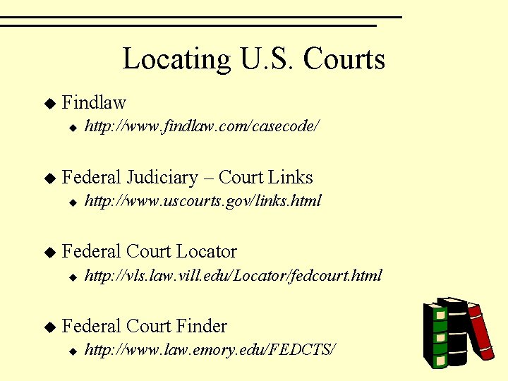 Locating U. S. Courts u Findlaw u u Federal Judiciary – Court Links u