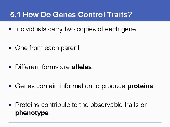 5. 1 How Do Genes Control Traits? § Individuals carry two copies of each