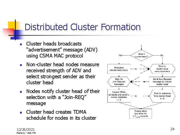 Distributed Cluster Formation n n Cluster heads broadcasts “advertisement” message (ADV) using CSMA MAC