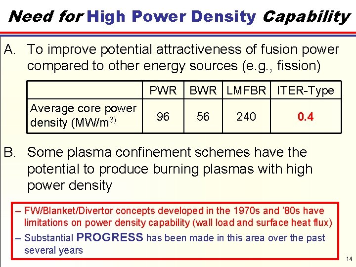 Need for High Power Density Capability A. To improve potential attractiveness of fusion power