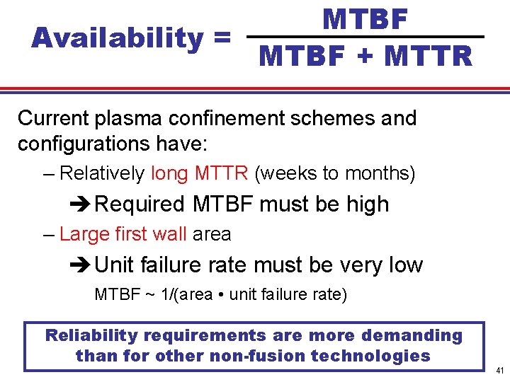 MTBF Availability = MTBF + MTTR Current plasma confinement schemes and configurations have: –