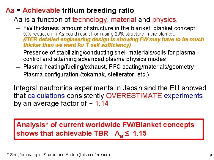 Λa = Achievable tritium breeding ratio Λa is a function of technology, material and