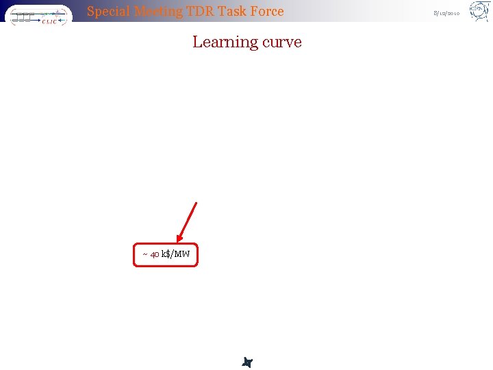 Special Meeting TDR Task Force Learning curve ~ 40 k$/MW 8/12/2010 