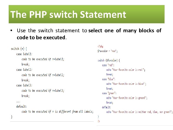 The PHP switch Statement • Use the switch statement to select one of many