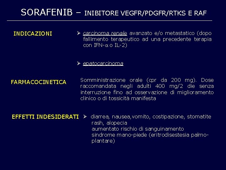 SORAFENIB – INDICAZIONI INIBITORE VEGFR/PDGFR/RTKS E RAF Ø carcinoma renale avanzato e/o metastatico (dopo