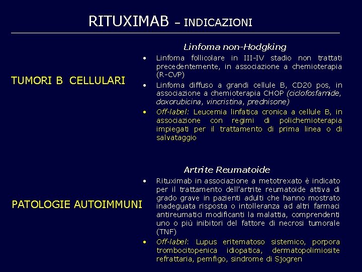 RITUXIMAB – INDICAZIONI Linfoma non-Hodgking • TUMORI B CELLULARI • • Linfoma follicolare in