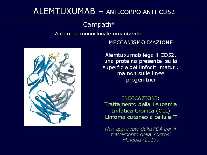 ALEMTUXUMAB – ANTICORPO ANTI CD 52 Campath Anticorpo monoclonale umanizzato MECCANISMO D’AZIONE CD 53