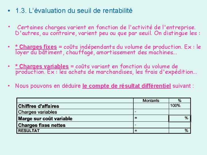  • 1. 3. L’évaluation du seuil de rentabilité • Certaines charges varient en