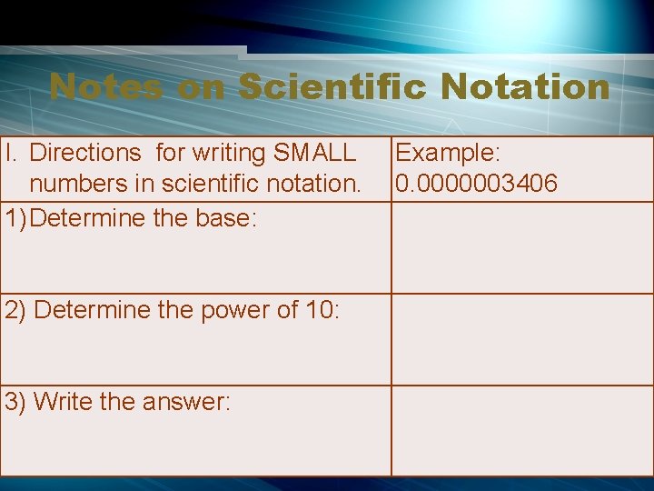 Notes on Scientific Notation I. Directions for writing SMALL numbers in scientific notation. 1)