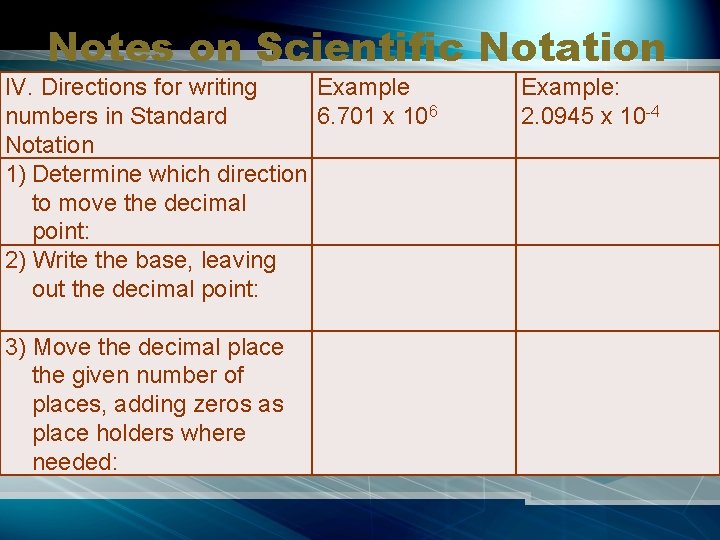 Notes on Scientific Notation IV. Directions for writing Example numbers in Standard 6. 701