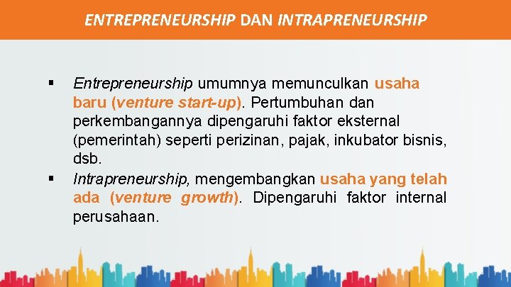 ENTREPRENEURSHIP DAN INTRAPRENEURSHIP § § Entrepreneurship umumnya memunculkan usaha baru (venture start-up). Pertumbuhan dan