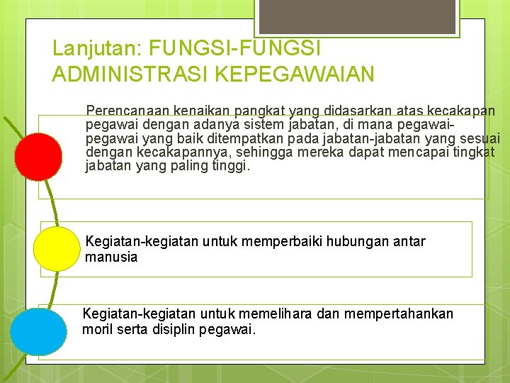 Lanjutan: FUNGSI-FUNGSI ADMINISTRASI KEPEGAWAIAN Perencanaan kenaikan pangkat yang didasarkan atas kecakapan pegawai dengan adanya