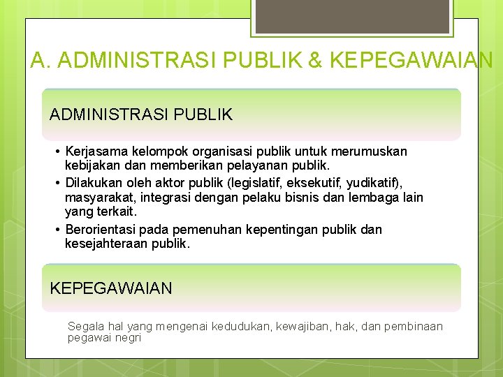 A. ADMINISTRASI PUBLIK & KEPEGAWAIAN ADMINISTRASI PUBLIK • Kerjasama kelompok organisasi publik untuk merumuskan