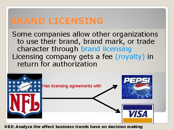 BRAND LICENSING Some companies allow other organizations to use their brand, brand mark, or
