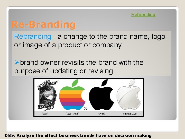 Rebranding Re-Branding Rebranding - a change to the brand name, logo, or image of