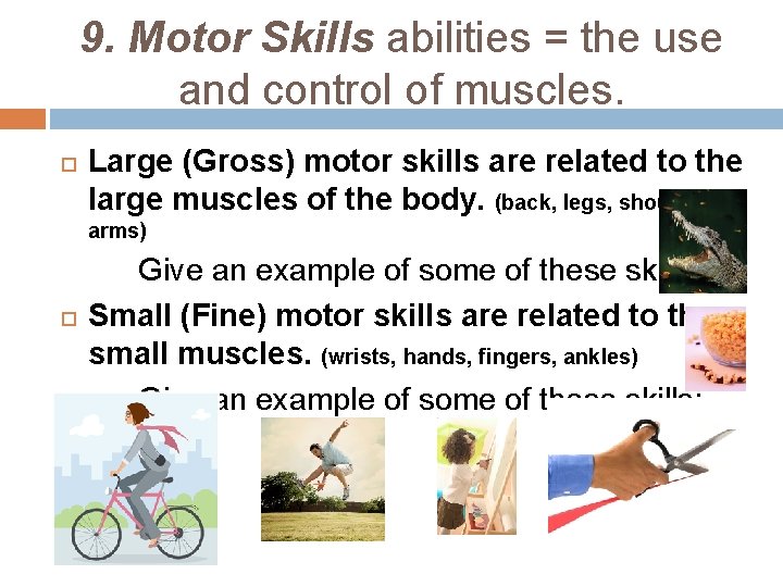 9. Motor Skills abilities = the use and control of muscles. Large (Gross) motor