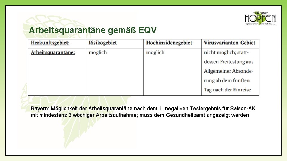 Arbeitsquarantäne gemäß EQV Bayern: Möglichkeit der Arbeitsquarantäne nach dem 1. negativen Testergebnis für Saison-AK