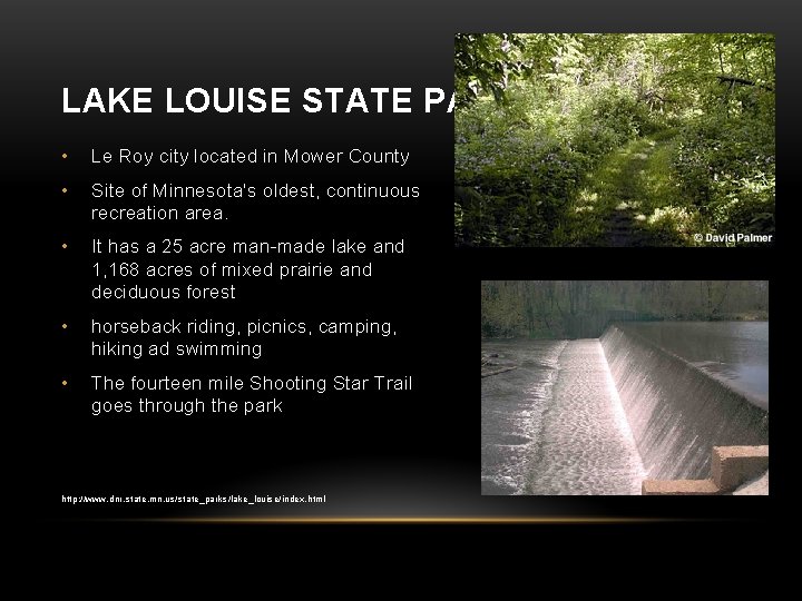 LAKE LOUISE STATE PARK • Le Roy city located in Mower County • Site