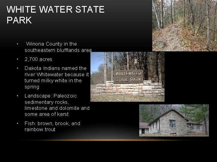 WHITE WATER STATE PARK • Winona County in the southeastern blufflands area • 2,