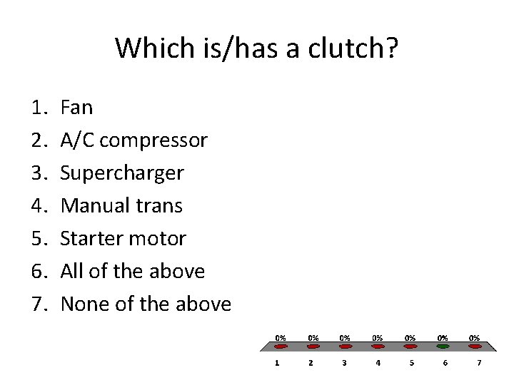 Which is/has a clutch? 1. 2. 3. 4. 5. 6. 7. Fan A/C compressor