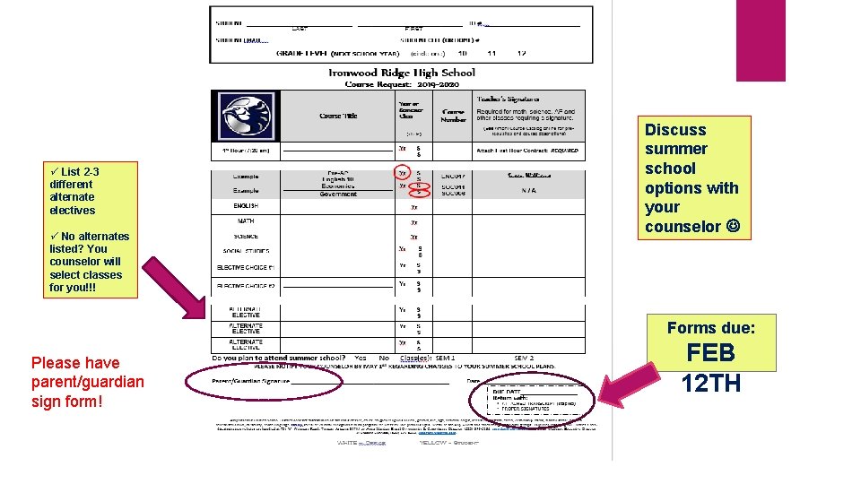 ü List 2 -3 different alternate electives ü No alternates listed? You counselor will