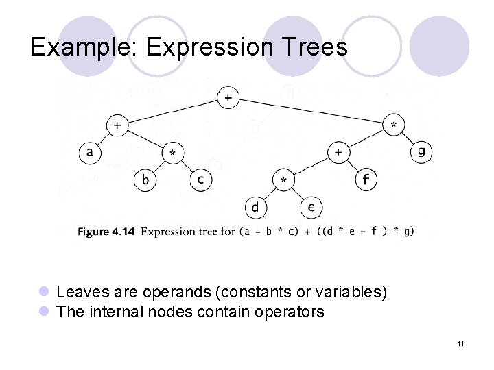 Example: Expression Trees l Leaves are operands (constants or variables) l The internal nodes