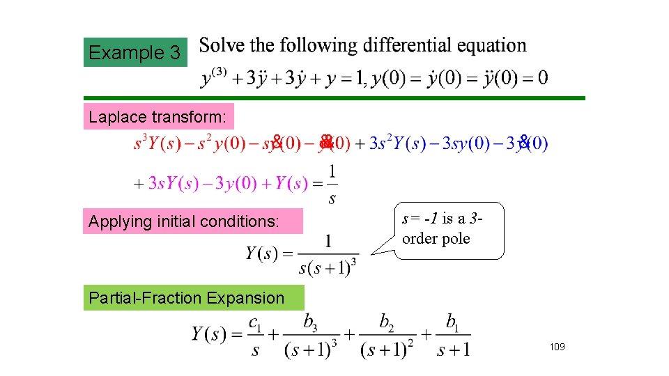 Example 3 Laplace transform: Applying initial conditions: s= -1 is a 3 order pole