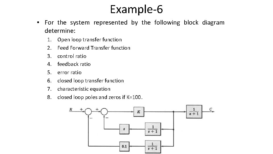 Example-6 • For the system represented by the following block diagram determine: 1. 2.