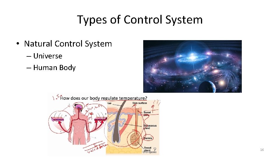 Types of Control System • Natural Control System – Universe – Human Body 16