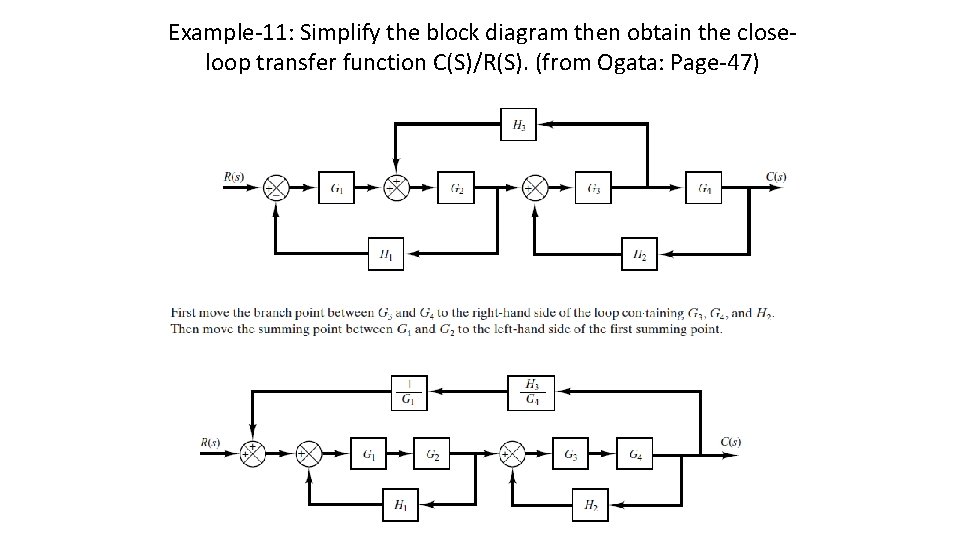 Example-11: Simplify the block diagram then obtain the closeloop transfer function C(S)/R(S). (from Ogata: