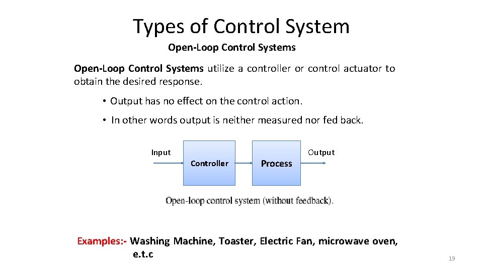 Types of Control System Open-Loop Control Systems utilize a controller or control actuator to