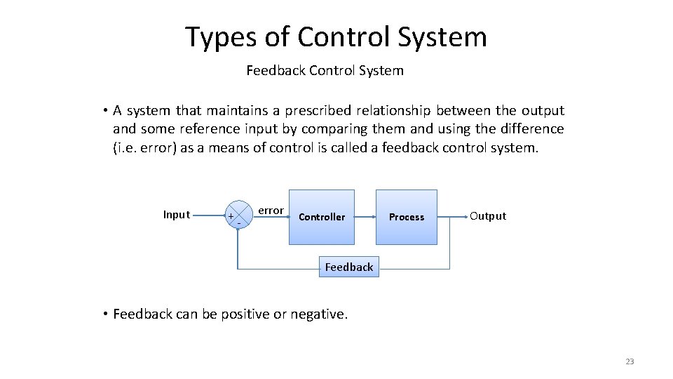 Types of Control System Feedback Control System • A system that maintains a prescribed