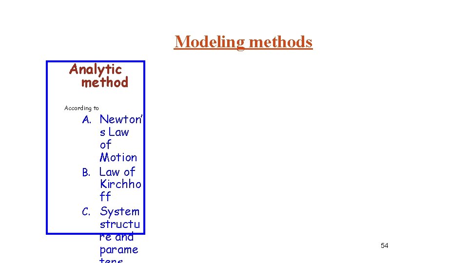 Modeling methods Analytic method According to A. Newton’ s Law of Motion B. Law