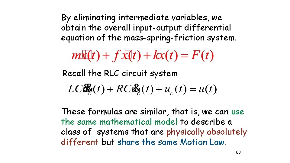 By eliminating intermediate variables, we obtain the overall input-output differential equation of the mass-spring-friction