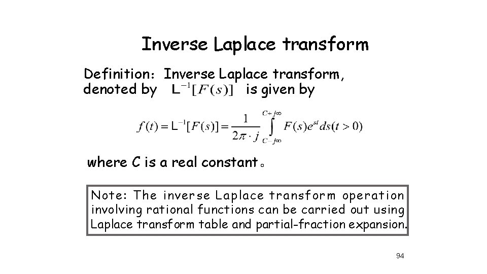 Inverse Laplace transform Definition：Inverse Laplace transform, denoted by is given by where C is