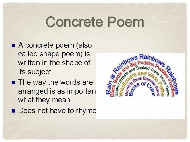 Concrete Poem n n n A concrete poem (also called shape poem) is written