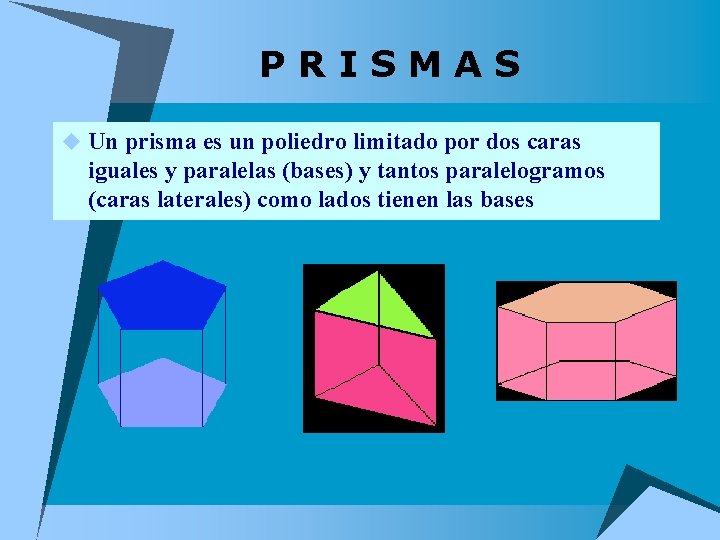 PRISMAS u Un prisma es un poliedro limitado por dos caras iguales y paralelas