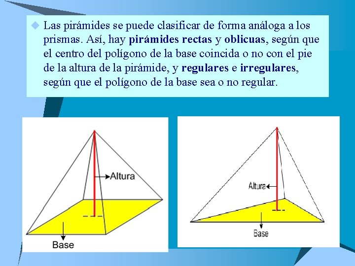 u Las pirámides se puede clasificar de forma análoga a los prismas. Así, hay