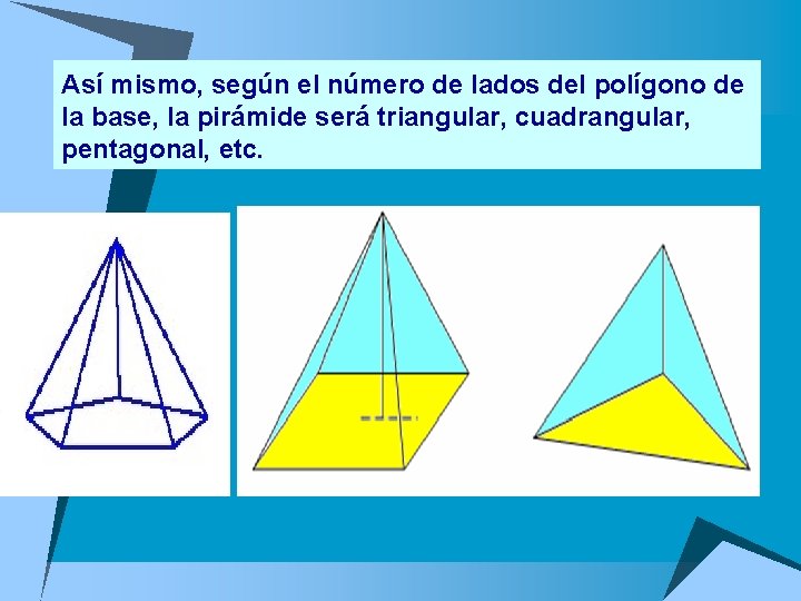 Así mismo, según el número de lados del polígono de la base, la pirámide