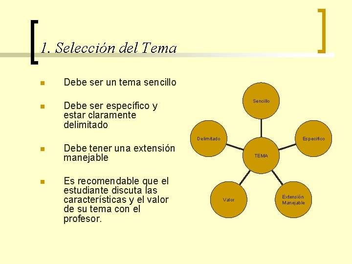 1. Selección del Tema n Debe ser un tema sencillo n Debe ser específico