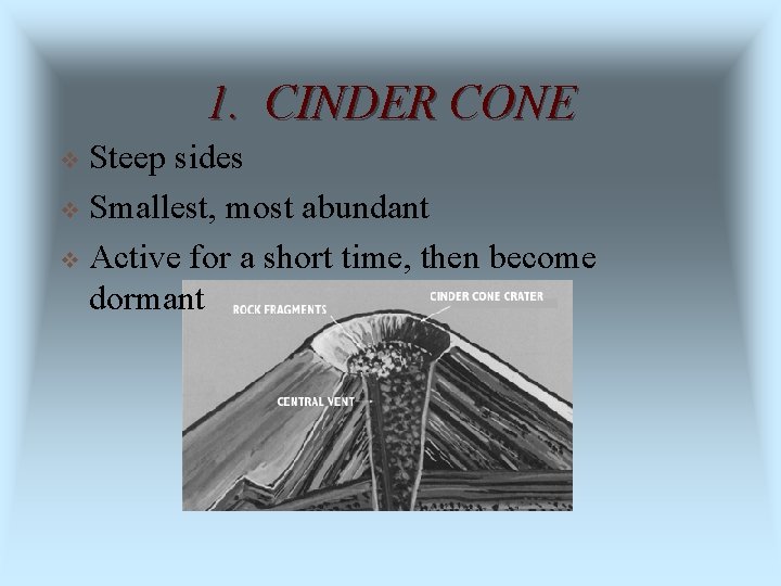 1. CINDER CONE Steep sides v Smallest, most abundant v Active for a short
