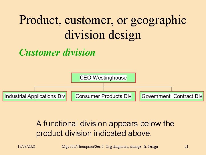 Product, customer, or geographic division design Customer division A functional division appears below the Product, customer, or geographic division design Customer division A functional division appears below the