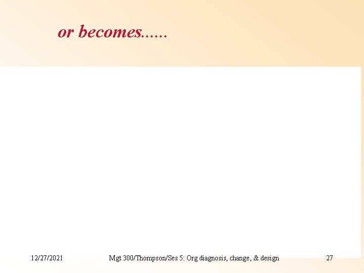 or becomes. . . 12/27/2021 Mgt 300/Thompson/Ses 5: Org diagnosis, change, & design 27 or becomes. . . 12/27/2021 Mgt 300/Thompson/Ses 5: Org diagnosis, change, & design 27