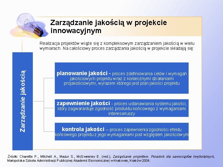 Zarządzanie jakością w projekcie innowacyjnym Zarządzanie jakością Realizacja projektów wiąże się z kompleksowym zarządzaniem