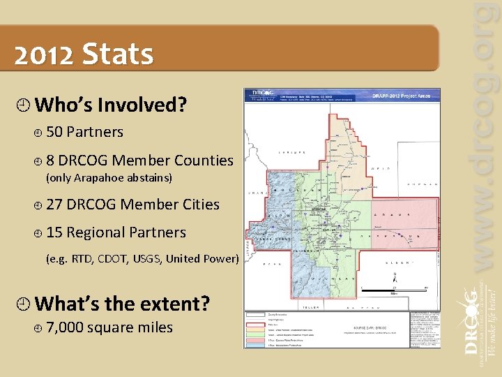 2012 Stats Who’s Involved? 50 Partners 8 DRCOG Member Counties (only Arapahoe abstains) 27