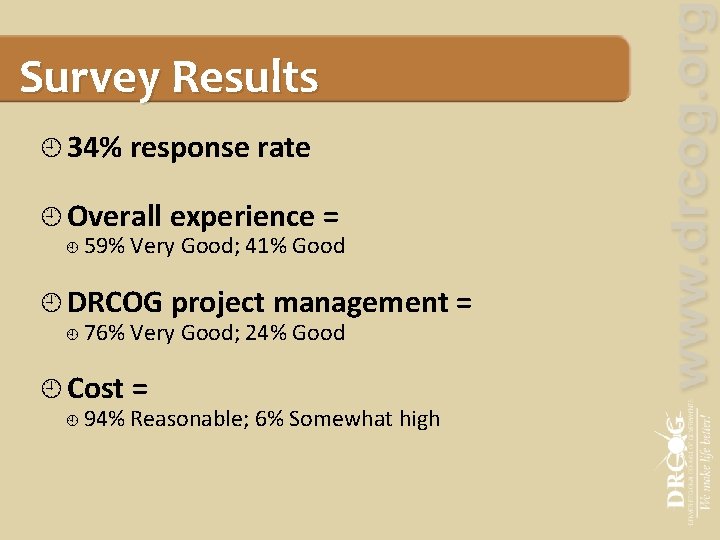 Survey Results 34% response rate Overall experience = 59% Very Good; 41% Good DRCOG